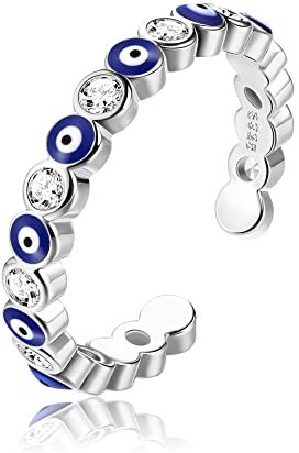 ADRAMATA Anelli Donna Argento Sterling 925 Anello Malocchio in Argento Regolabili Gioiello Malocchio Blu Anello Aperto Hamsa Gioielli di Protezione Fortunati per Donna Anelli Malocchio