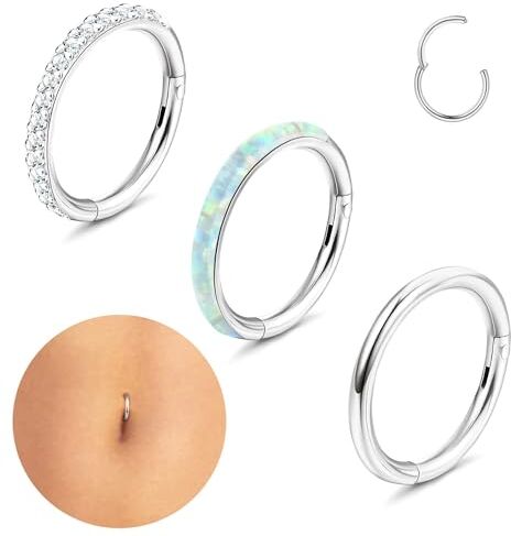 CASSIECA 3 Pezzi Argento Piercing Ombelico Acciaio Chirurgico Clicker Piercing Ombelico Anello Cubico Zirocnia Opale Anelli per Ombelico Cerchio Gioielli per Piercing all'Ombelico 14G 8mm