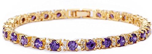 Rizilia Gioielli Rotondo Taglio Viola Ametista Colorata Birthstone Pietra preziosa Fine 18K Oro Giallo Placcato [180mm / 7inch] Braccialetto di Tennis Eleganza Moderna [Sacchetto di Gioielli Liberi]