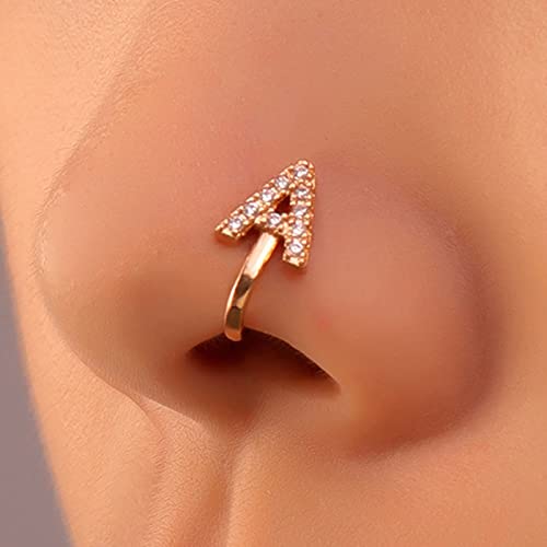 Wendalern Cristallo Iniziale Naso Anello Oro Finto Setto Naso Anelli Rame Intarsiato Zircone Lettera A Polsino Naso Piccolo Alfabeto Clip On Naso Anello Pieghevole Non Piercing Naso Gioielli per Donna