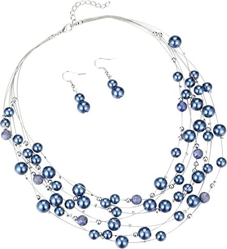 FULU AUTUMN Collana a Strati di Perle da Donna Grosse Collane Bohémien Bigiotteria Corta in Argento Donna Regali Compleanno(37-Blue)