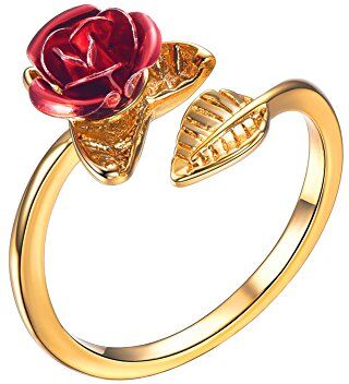 U7 Anello Aperto Donna Regolabile Charm di Fiore Rosa Rossa Foglia, Placcato Platino Oro 18k, Gioiello alla Moda, Colore Oro, Regalo Natale Compleanno, Inivia Confezione Scatola