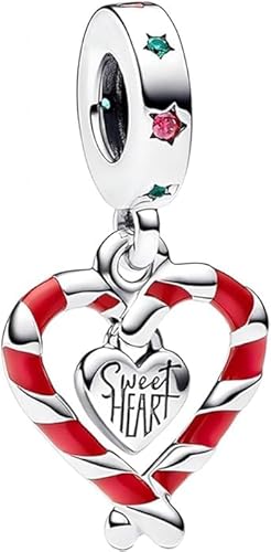 PHCLASY Christmas Charm Double Candy Cane Heart Bead Ciondolo Compatibile Con Bracciali e Collane Europei, Regalo di Christmas Delle Donne