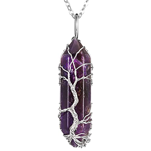 Yaomiao Collana di Cristallo di Guarigione Energetica Collana con Ciondolo Esagonale di Vita d'Albero Collana di Pietre Preziose Avvolte in Filo Metallico Collana di Quarzo a Punta Naturale (Viola)