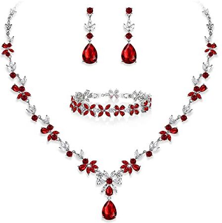 EVER FAITH Set di gioielli da sposa da donna con zirconia cubica, collana a foglia floreale, orecchini pendenti, Metallo Zirconia Metallo, zirconia cubica