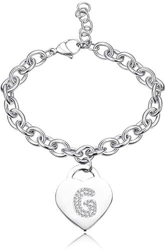 SiLo Bijoux Bracciale con lettera iniziale donna con STRASS in acciaio con lettera NOME charm cuore e cristalli argento alfabeto misura regolabile, nascita, anniversario,idea CONFEZIONE REGALO INCLUSA (G)