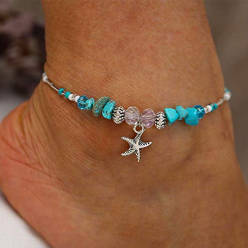 Yienate Cavigliera stile boho, semplice turchese per yoga, spiaggia, con ciondolo a forma di stella marina, ideale per donne e ragazze (argento)