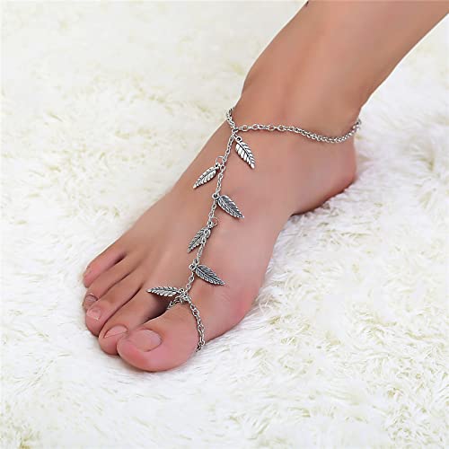 TseenYi Sandali A Piedi Nudi Cavigliere Bracciale Boho Foglia Argento Sandali A Piedi Nudi Cavigliere Punta Spiaggia Nappe Moda Catena Punta Gioielli per Donne e Ragazze (1 Pz)