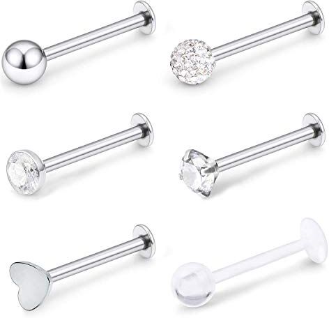 VFUN 16G Acciaio Inossidabile Labret Studs Labbro Anello Retainer Cartilage Trago Conch Helix Orecchio Barretta Piercing Gioielli con Chiaro CZ Donna Uomo Argento