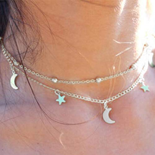 Yienate Collana da donna con ciondolo a forma di luna e stella, a doppio strato, colore: argento
