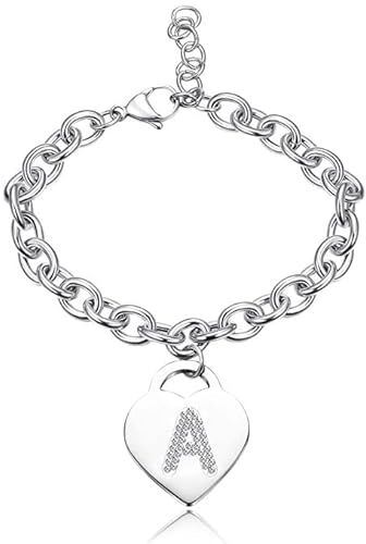 SiLo Bijoux Bracciale con lettera iniziale donna con STRASS in acciaio con lettera NOME charm cuore e cristalli argento alfabeto misura regolabile, nascita, anniversario,idea CONFEZIONE REGALO INCLUSA (A)