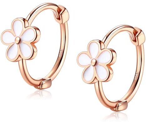 KRFY Orecchini a Cerchio in Argento 925 per Donne Ragazze Piccolo Fiore Bianco Margherita Orecchini a Cerchio Ipoallergenici Cartilagine Helix Huggies Orecchini Oro Rosa