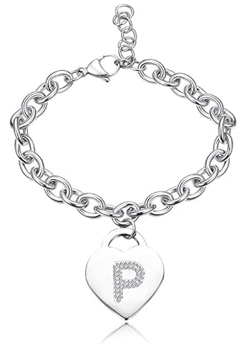 SiLo Bijoux Bracciale con lettera iniziale donna con STRASS in acciaio con lettera NOME charm cuore e cristalli argento alfabeto misura regolabile, nascita, anniversario,idea CONFEZIONE REGALO INCLUSA (P)