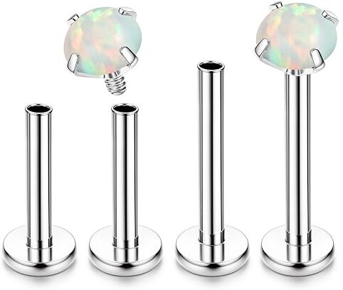 ADRAMATA G23 Titanio Piercing Labbro 16G/18G Filettato Internamente Trago Helix Piercing Medusa Monroe Cartilagine Orecchini CZ Opale Piercing Naso Argento Piercing Labret (4 Pezzi),2