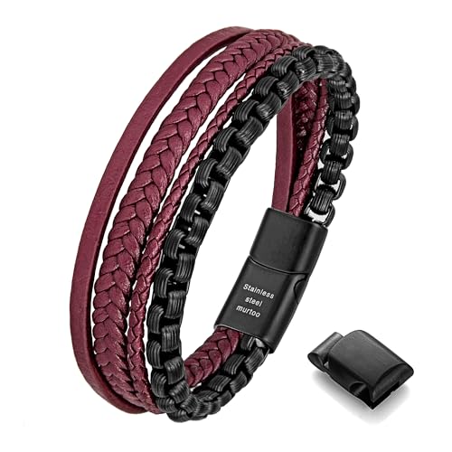 Murtoo Bracciale Uomo Pelle e Catena Acciaio Braccialetto con Chiusura Magnetica Pacco Regalo per L'uomo (Nero Rosso, 22)