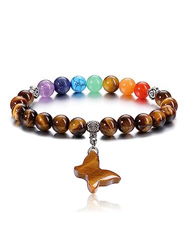 CrystalTears Bracciale di Occhio di tigre 8 mm con ciondolo a farfalla 7 Chakra Bracciale in pietra naturale Regalo per uomo donna