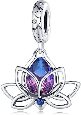 Qings Ciondolo Donna Fiore di Loto Ciondolo in Argento Sterling con Zirconi Viola Loto Bracciale Argento Ciondoli Perline Pendenti Charm Ciondoli Adatti per Ragazze Braccialetti Donna Collane Gioielli