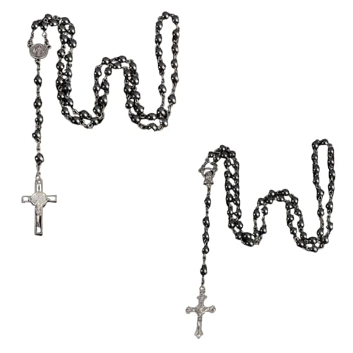 HZAOPZE 2 pcs Rosario di Perline Nere Collana Cattolica con Crocifisso da Uomo e Donna Rosario con Croce per Regali di Comunione per Ragazze e Ragazzi, 6mm.