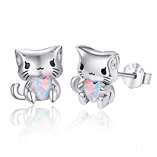 MEDWISE Orecchini a perno a forma di gatto con animali domestici, a forma di gatto felino e gattino a forma di cuore con opale, in argento Sterling 925, per ragazze, donne, adolescenti e ragazze, feste