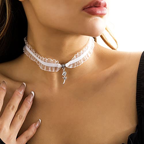 Atentuyi Bianco Pizzo Choker Collana Fiore Ciondolo Collana Vintage Gothic Tatuaggio Choker Maglia Collare Elastico Catena Choker Gioielli Per Donne E Ragazze