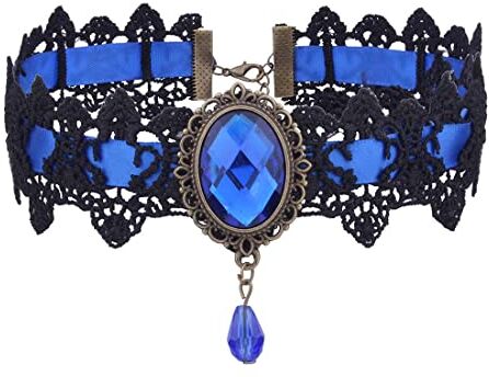 Prosy Black Lace Collane Gotico Pizzo Choker Pendente di Cristallo Halloween Cosplay Partito Diamante Collana Gioielli per le Donne e le Ragazze (Blu)