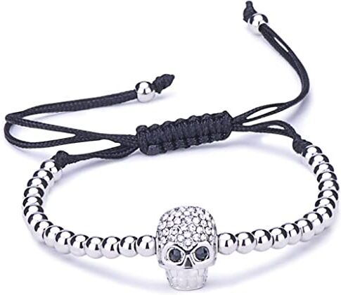 Unendlich U , Bracciale da Donna o per Bambini, alla Moda, Motivo: Teschio, con Motivo Intrecciato, Cordoncino in Cotone, Sfere in Lega e zirconi, Regolabile e Base Metal, Colore: Argento