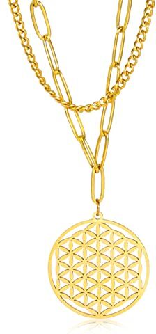 TEAMER Collana Pendente Fiore della Vita in Acciaio Inossidabile Placcato Oro Catena Gioielli Accessori Geometria Amuleto Gioielli (Stile 1-Doppia Catena-Oro)