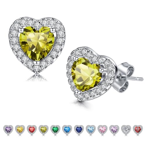 NIUSIMAN Cuore Birthstone Orecchini Donna, Oro Bianco Placcato S925 Piercing Orecchio acciaio chirurgico per le Donne Ragazze Mamma Cuore Giallo Birthstone Orecchini San Valentino Compleanno Agosto