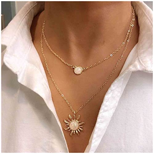 Cimenexe Collana con ciondolo a forma di sole a strati bohémien Collana con pietra di luna naturale Collana girocollo in opalite d'oro Collana con pietre di nascita Gioielli a catena per donne e