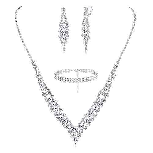 JeryWe Set di Gioielli da Sposa con Strass Scintillanti Include Collana Diamanti Bracciale Orecchini a Clip Nozze Sposa Damigella d'Onore Regalo Argento-c