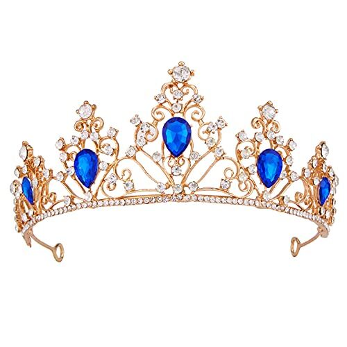 Vofler Corona di diadema con zaffiro, stile barocco, vintage, con strass blu, per donne, regina, ragazza, sposa, principessa, compleanno, matrimonio, ballo di fine anno, festa di Halloween, festa