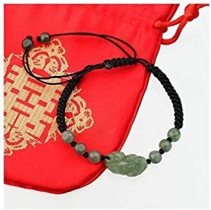 lachineuse Bracciale PIXIU in Giada Simbolo Feng Shui di ricchezza e Protezione Pochette in Raso in Omaggio