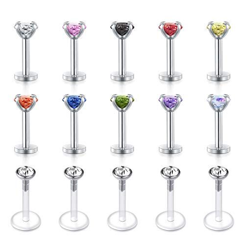 Rajnard Piercing Labbro Labret Studs 16G Acciaio Chirurgico e plastica bioflex 6mm Piercing Tragus Helix Diamante