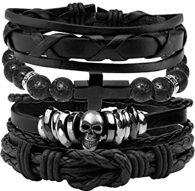 JJDreams Bracciale in pelle Uomo Set Bracciale Punk Bracciale Largo Rocker Bracciale Nero Teschio Bangles Gotico