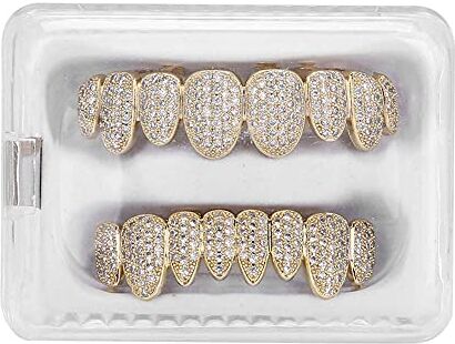 ZJchao Grillz, parentesi graffe grillz denti Hip Hop Teeth Grill Set Microset Diamond Braces ecologico ottone galvanico grill pratico da usare, perfetto per Halloween o altre occasioni