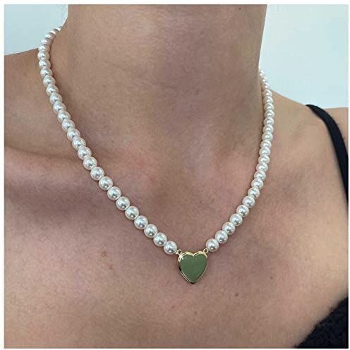 Inilbran Boho Smalto Cuore Perla Collana Vintage Perla Perline Collana Girocollo Barocco Cuore Verde Collana Ciondolo Perla Amore Cuore Collana Catena Gioielli Per Donne E Ragazze