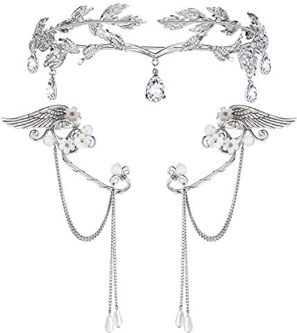 JeweBella Orecchini Elfo Tiara per Donna Argento Orecchini Polsini Foglie Diadema da Elfo Corona Orecchini Clip Set per Halloween Costume Cosplay Matrimonio