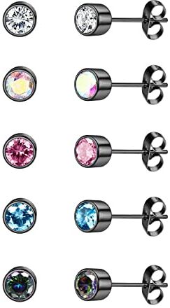 CASSIECA 5 Paia G23 Titanio Orecchini per Donne Ragazze Acciaio Chirurgico Ipoallergenico CZ Cartilagine Orecchini Cubic Zirconia Sleeper Studs 4mm Black Regali per Lei con Scatola Gioielli