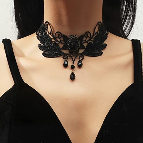 TseenYi Collana Girocollo In Pizzo Nero Vintage Collana Di Cristallo Nappa Ampia Collana Collare In Pizzo Breve Goccia Perla Nera Ciondolo Neckalce Catena Di Pizzo Gioielli Per Donne E Ragazze Regali