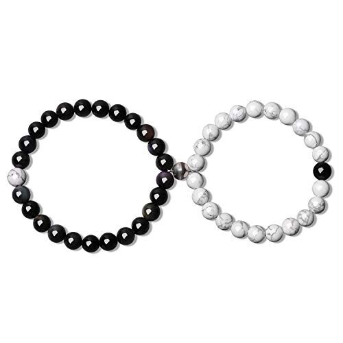 COAI Coppia di Bracciali della Distanza in Howlite e Ossidiana con Perla Magnetica in Argento Sterling