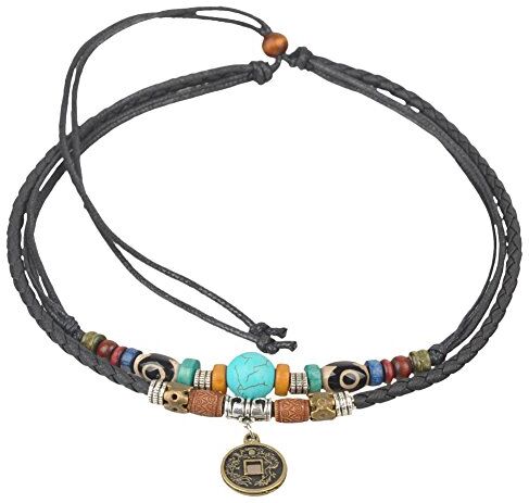 Ancient Tribe Collana girocollo in pelle di canapa regolabile, unisex, con perline turchese