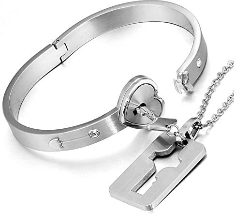 Flongo Bracciale Collana da Coppia 2 Pezzi Acciaio Inossidabile Cuore Chiave San Valentino Regalo