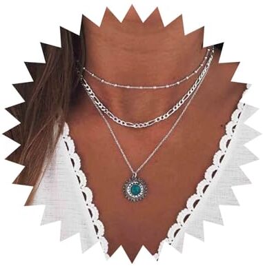 Sttiafay Collana a strati di turchese Collana con ciondolo moneta d'argento Collana con perline di Boho Collana con catena a clavicola per donne e ragazze