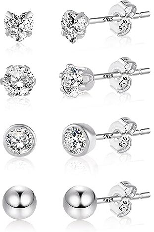 Ash Orecchini a Bottone in Argento Sterling 925 Tondi Quadrati Orecchini a Bottone Con Zirconi Cubici Set, Anallergici Donna Punto Luce Argento Piccoli Cartilagine