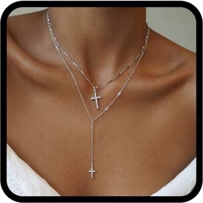 Yean Collana con ciondolo a forma di croce a strati, in argento, con cristalli, per donne e ragazze