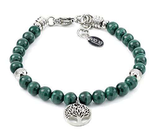 10:10 Bracciale in acciaio inox e pietre naturali da 6 mm, charms albero della vita e beads in acciaio, prodotto realizzato in Italia (Malachite)