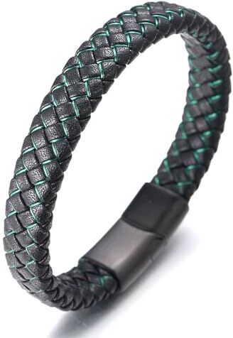 HALUKAKAH ● Jazz Junior ● Ragazzi Vera Pelle Treccia Fatta a Mano Nero Mix Verde Bracciale 6-12 Anni. Titanio Smerigliata Chiusura Magnetica 18cm con Confezione Regalo