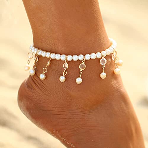 Carufin Turchese Cavigliera Braccialetti Multilayer Butterfly Cavigliere Fiore Perla Beaded Cavigliera Accessori Estate Beach Foot Gioielli per le Donne Ragazze (Cavigliera di perla)