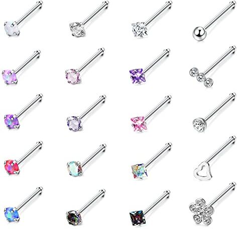 ADRAMATA 20 Pezzi 20G Piercing Naso Acciaio Chirurgico Naso Stud Set Diamante Opale CZ Nostril Piercing Gioielli per Donna Uomo Vite/Dritto/L Forma Naso Anelli Piercing Gioielli Multicolore,I