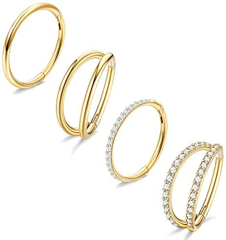 Dochais 4 Pezzi Piercing Naso Anello Cerchio, Piercing Naso Anello Acciaio Inox, Piercing Naso Septum, Anello Naso Daith, Orecchini Naso Anello per Donna Uomo Oro 8mm 18G